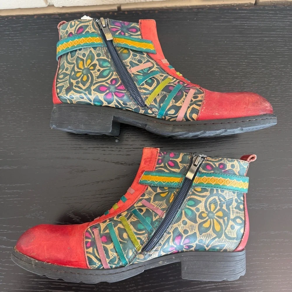 Socofy Leather Art To Wear Boho Floral Ankle Boots Hippie Artisan EU 40 US 9